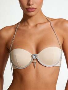 1 pieza Collar con escote halter y espalda descubierta con colgante en forma de corazón y rhinestones, de moda para fiestas, playa, discoteca - Plateado - Ver 1