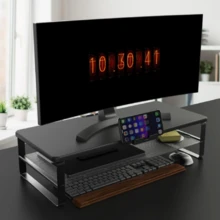 Monitor Stand With Drawer, 2-Tier Monitor Stand Riser With Phone Holder And Cable Management - Desk TV Shelf, Laptop Printer, Desk Organizer Stand, For Home & Office, Black - 查看 1