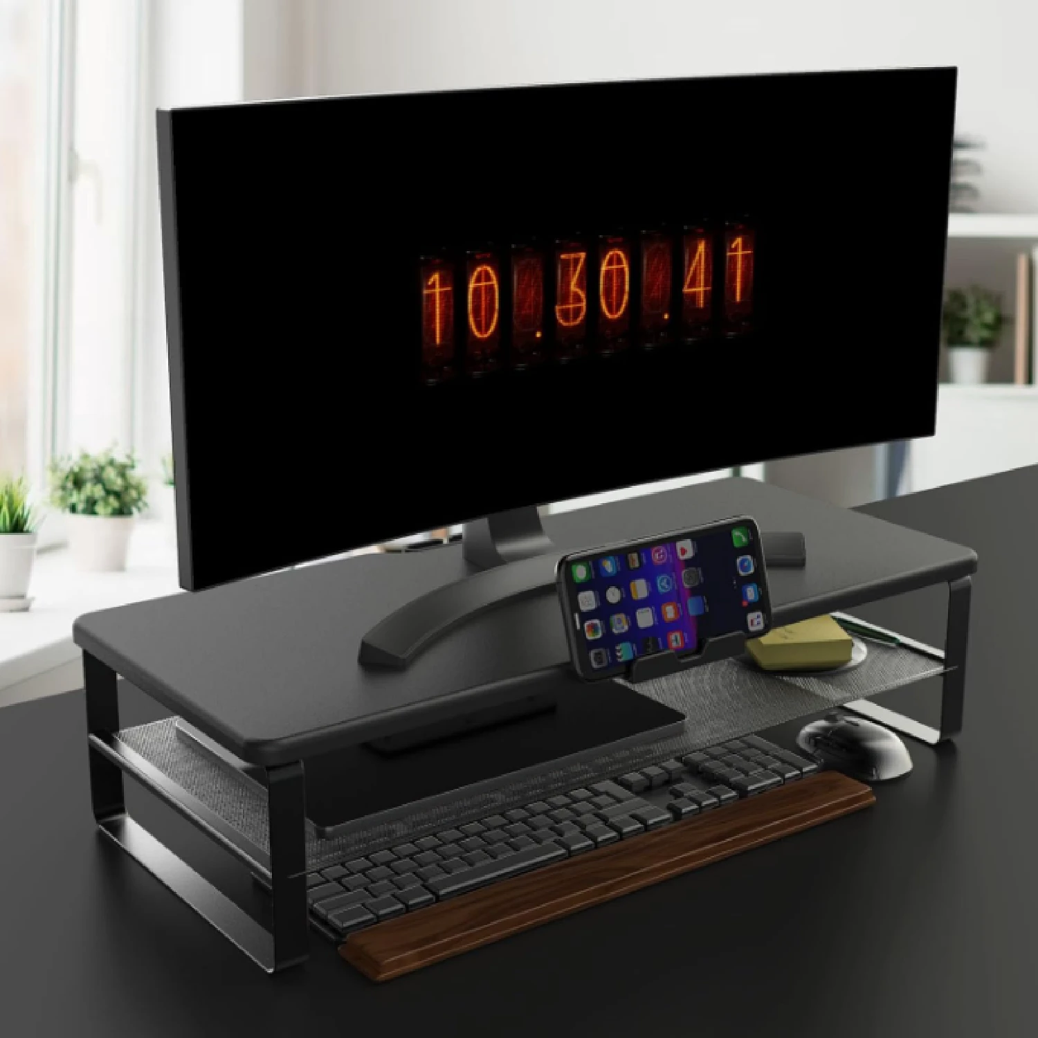 Monitor Stand With Drawer, 2-Tier Monitor Stand Riser With Phone Holder And Cable Management - Desk TV Shelf, Laptop Printer, Desk Organizer Stand, For Home & Office, Black - 查看 1