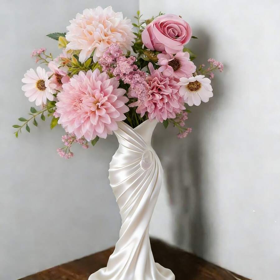 1件優雅塑料3D列印現代極簡白色婚紗花瓶，19.7cm，適用於乾花和人造花，桌面中心裝飾，適合婚禮、週年紀念和母親節禮物