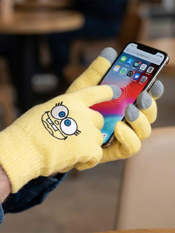 SpongeBob SquarePants 1 Pair  Touch Screen Gloves - Spring & Summer Cute Cartoon Outdoor Gloves, Fishing & Cycling Gloves, Student & Couple Style, Black Outdoor Gloves