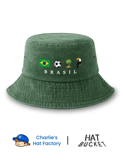 1 Pc Unisex Vintage Washed Bucket Hat - Brazilian Culture Graphic Print With Flag, Soccer & Toucan - Available In Multiple Retro Colors - Soft Texture Packable Sun Cap For Brazil Travel, Beach & Vacation Gift
