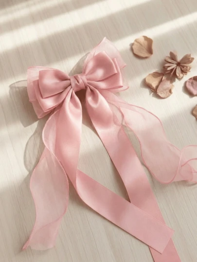 1 pieza Lazo grande de pelo rosa para mujeres y niñas, elegante broche de cinta de satén y organza con cola larga, accesorio de pelo vintage francés para fiesta de verano, boda y uso diario