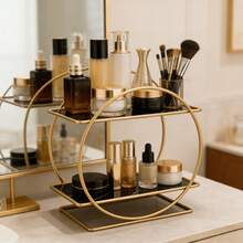 Gold-Plated Circular Luxury Storage Rack | Vanity Table Precious Serum & Fragrance Display Rack, High-End Bathroom Cosmetic Organizer - Black Double Layer - View 4