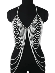 ZHENGHEN 1pc Luxury French Sexy Long Pearl Necklace, Multi-Layer V-Neck Collarbone Chain, Knit Sweater Necklace - Beige 067 - View 3