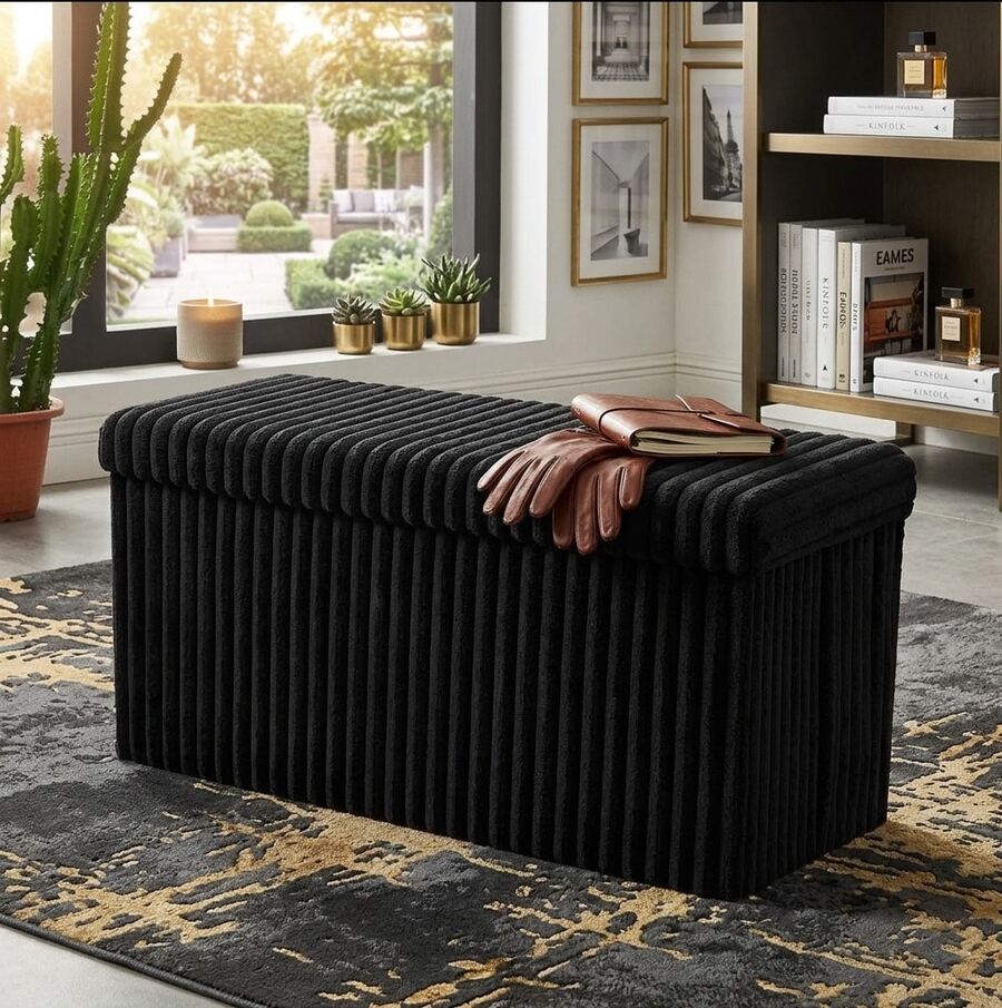 Aafan Ribbed Velvet Large Ottoman Storage Bench, Folding Ottoman Storage Box, Footstool Or Storage Chest With Lid For Bedroom, Wooden Box Fleece Cover - Negro - Ver 1