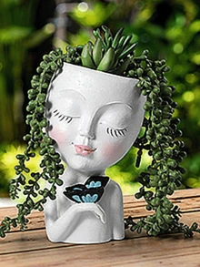 中号人脸花盆，独特的接吻人脸花盆，适合室内外植物，树脂人脸花盆带排水孔，可爱接吻花盆（白色） - 彩色 - 查看 6
