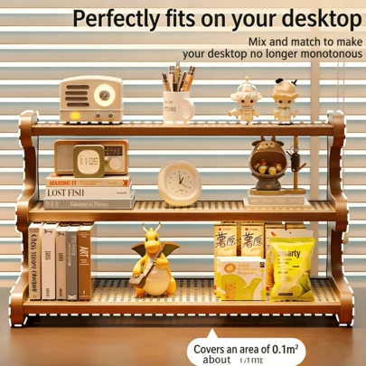 Desktop Storage Shelf, No-Drill Trapezoidal Countertop Organizer, Thickened Wooden Rattan Plastic Rack For Plants, Cups, Books, Ideal For Kitchen, Office, Balcony & Window Sill