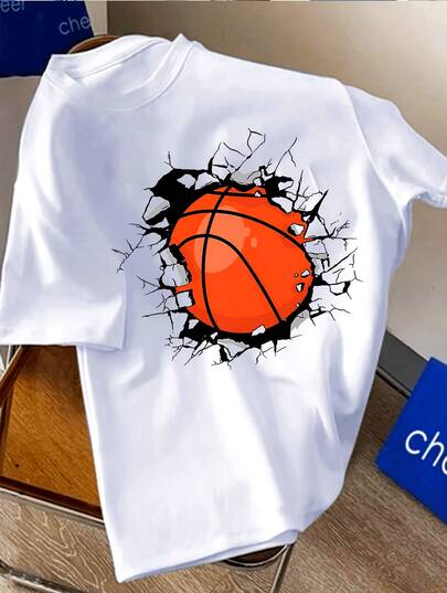 Camiseta informal de cuello redondo para niño, de poliéster de alta elasticidad con estampado geométrico de baloncesto, corte regular para adolescentes, colección de otoño, ropa deportiva, de punto, transpirable, manga corta, ropa deportiva juvenil.