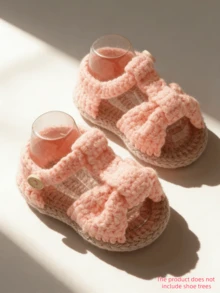 1 Pair Handmade Crochet Infant Sandals, Pink Bow Design, Soft Knit Footwear, Infant Shoes - Pink - View 8