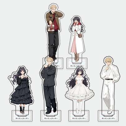 精美亚克力立牌，饰以盛开的芬芳花朵 - 林屋太郎和京子黑白服装版动漫收藏品