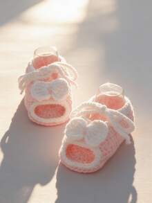 1 Pair Infant Crochet Booties, Pink And White Bow Design, Infant Girl Sandals - Pink - View 5