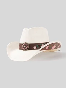 1pc Rose Embroidered Bohemian Straw Panama Hat, Beach Vacation Sun Hat, Versatile Fashion Gift For Women - Panama Hat - View 6