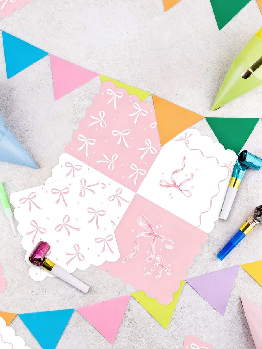 20pcs/40pcs Pink Bow Baby Shower Napkins, Disposable Party Napkins, Scalloped Edge Party Napkins, Pastel Baby Shower Tableware, Bow Print Disposable Napkins - Multicolor - View 1