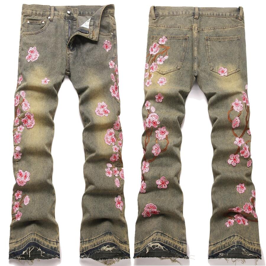 Purple 2025 New Arrival Mens Flared Jeans Street Fashion Heavy Embroidery Plum Blossom Non Stretch Y2k Hot In Stock - 卡其色 - 查看 1