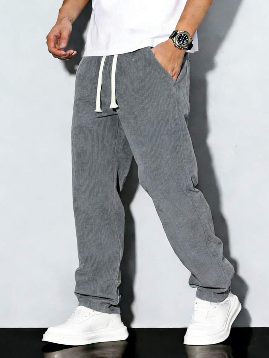 Men's Corduroy Lightweight Casual Trousers For Spring And Summer, Comfortable To Wear, With Drawstring And Pockets, Machine Washable. - Màu xám nhạt - Xem 1