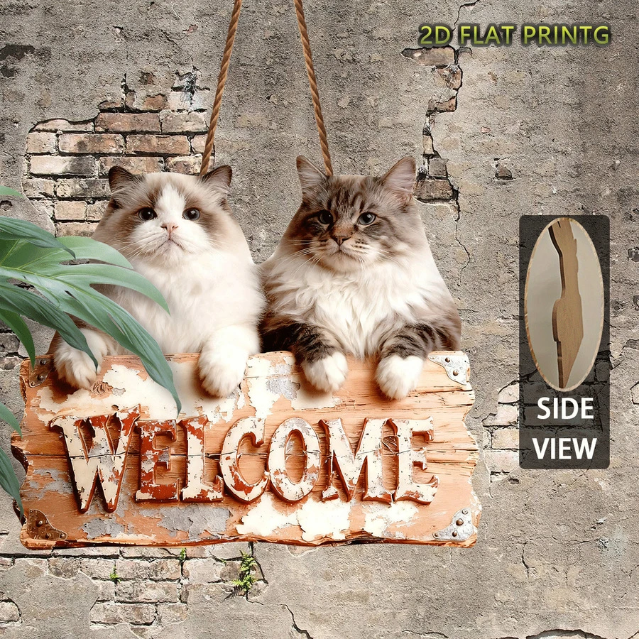 1 peça, Placa de Madeira Vintage Plana 2D (Placa de Sinalização Exterior e Decoração de Parede, Placa de Madeira Bem-vindo ao Lar do Gato) - Multicolorido - Ver 1