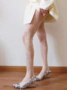 New Spring/Summer Dark Goth JK Stockings, Asymmetrical Rose Jacquard Fishnet Pantyhose, Hollow Out Design - Clear - View 14