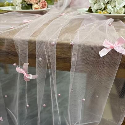 1pc Pink Bow Mesh Polyester Table Runner, Elegant Floral & Bow Design For Weddings, Bridal Showers, Birthday Parties, And Baby Showers, Machine-Made Party Decor, Birthday Table Decor, Elegant PolyesterTable Runner, Birthday Party Decorations