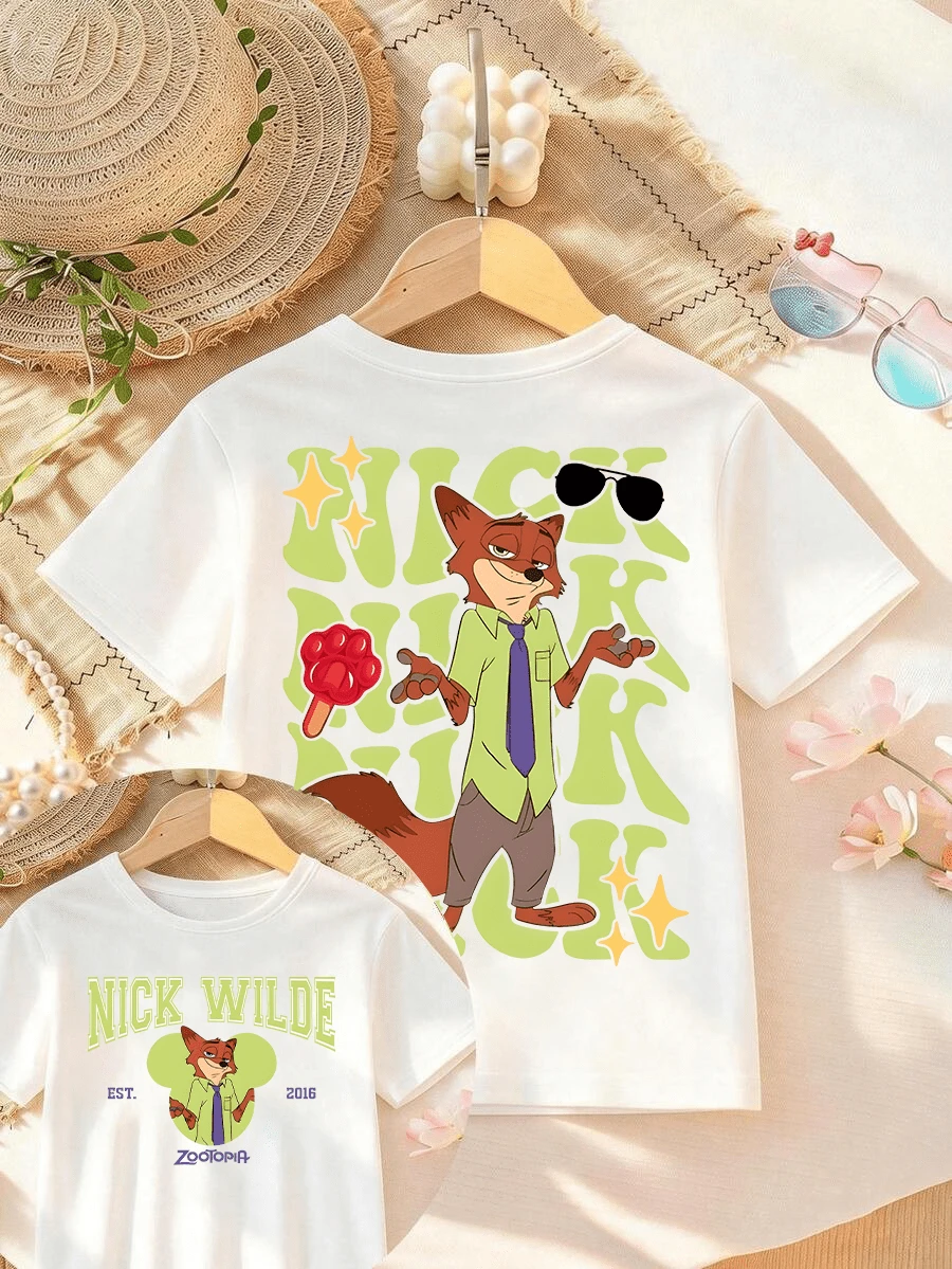 Disney Zootopia Nick Wilde Double Sided Letter Printed Girl's T-Shirt - Children's Clothing Design Short Sleeve Casual Cute Style Comfortable And Relaxing Suitable For Boys - 白色 - 查看 1