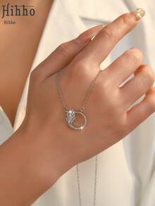 1件优雅半圆形羽毛项链，情人节礼物 - 马眼形切割绿色翡翠宝石和钻石叠层浪漫珠宝 - 彩色 - 查看 2