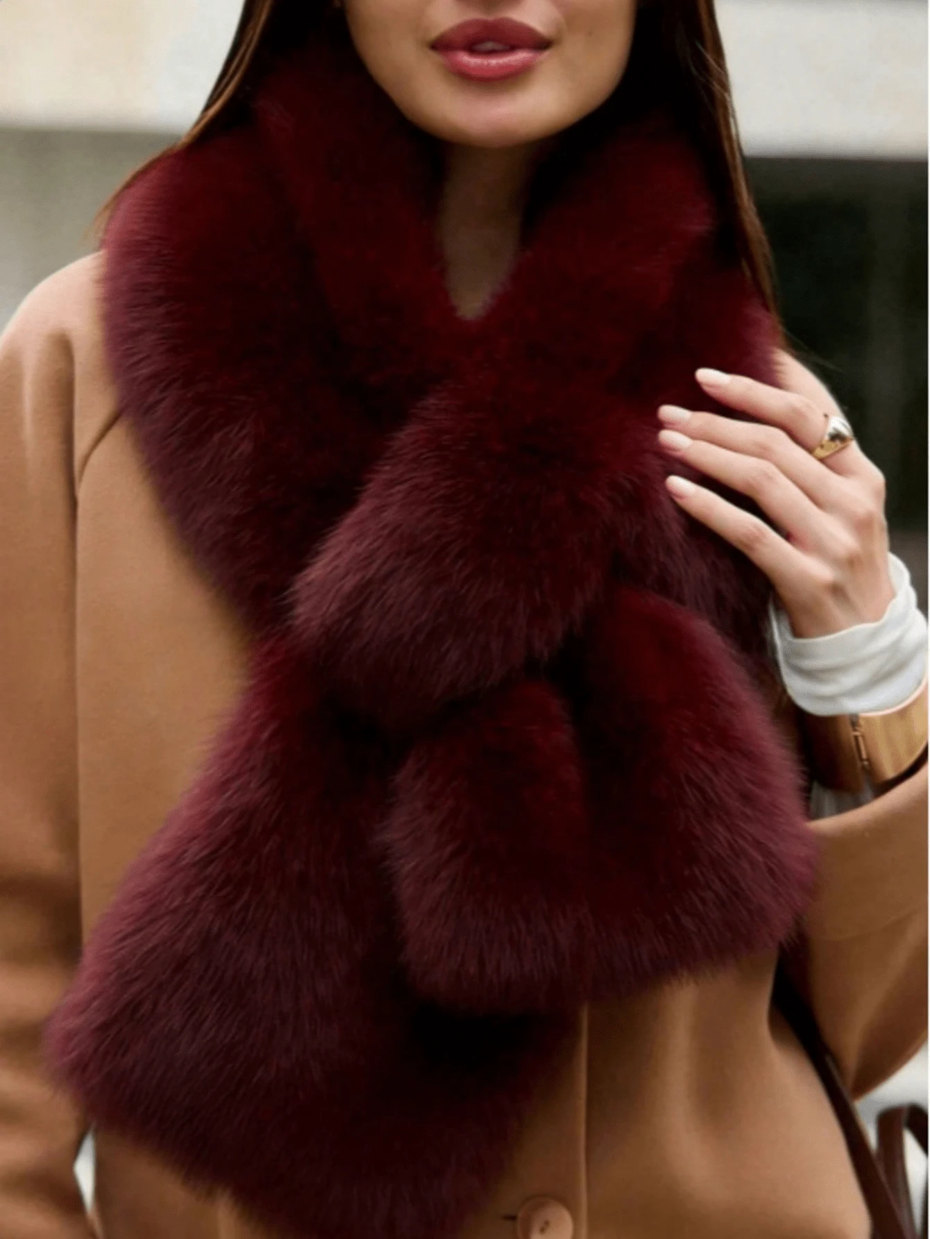 1件装女士仿皮草围巾披肩，时尚百搭保暖围巾披肩，适合日常佩戴，秋冬季 - 酒紅色 - 查看 1