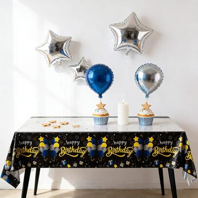 Black And Gold Happy Birthday Plastic Tablecloth, Disposable Table Cover For Birthday Party Decorations, 54 X 108 Inches, Suitable For Rectangle Tables, Black Gold Birthday Party Supplies