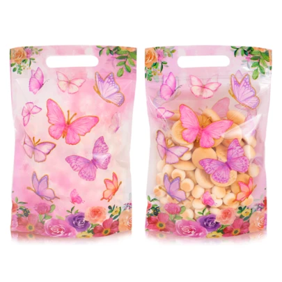 50/25pcs Spring Butterfly Gift Bags, Pink Butterfly Flower Party Plastic Gift Bags. Suitable For Spring Floral Party Supplies Decoration To Hold Party Favors Such As Chocolates, Candies, Snacks, Toys, Etc.