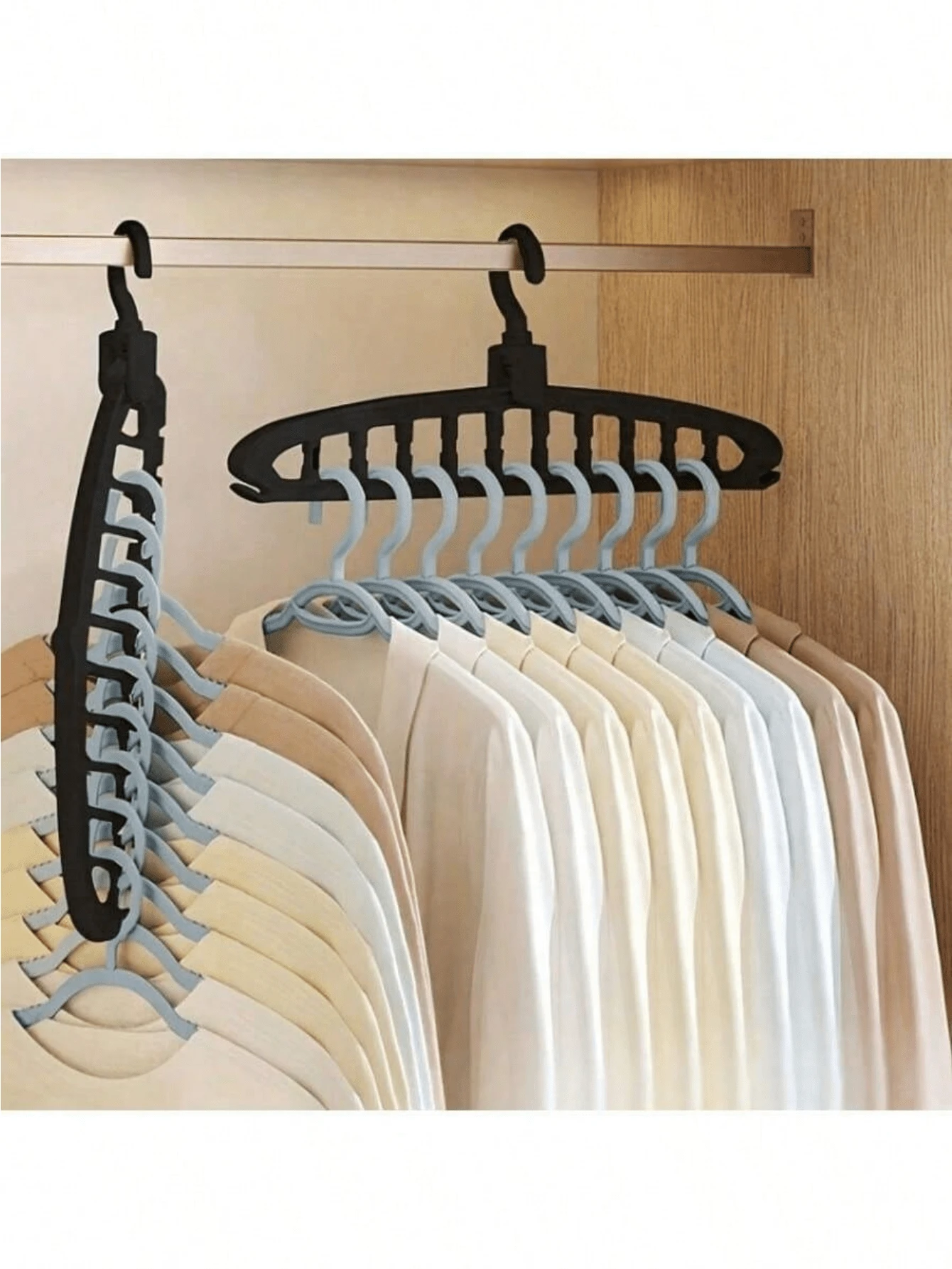 11-Hole Collapsible Clothes Hanger Organizer, Multi-Functional Non-Slip Plastic Portable & Wall-Mountable Closet Storage System, 3.2 Cubic Feet Enclosed Storage Capacity - Lightweight (1pc)Bedroom,Organizer,Organiser,Home Storage,White T Shirt Women,Black Pants Women - Multicolor - View 1