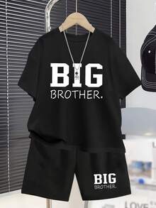 Teen Boys BIG Pattern Casual Summer Short Sleeve Suit Fashion Outdoor Sports Spring And Summer Boys T-Shirt Top Shorts Two-Piece Suit 5 To 6 Years Old 6 To 7 Years Old 8 To 10 Years Old 12 To 14 Years Old 14 To 16 Years Old, Perfect For Outdoor - 黑色 - 查看 1