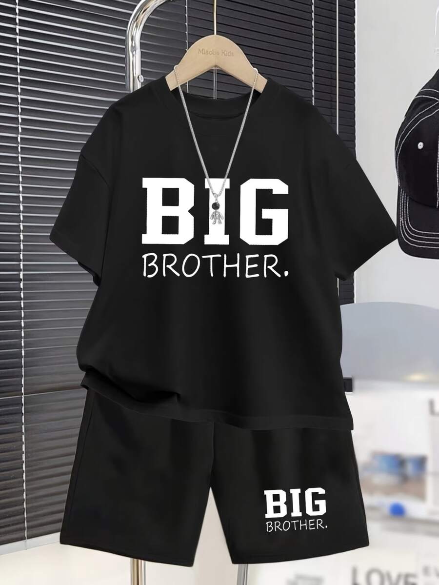 Teen Boys BIG Pattern Casual Summer Short Sleeve Suit Fashion Outdoor Sports Spring And Summer Boys T-Shirt Top Shorts Two-Piece Suit 5 To 6 Years Old 6 To 7 Years Old 8 To 10 Years Old 12 To 14 Years Old 14 To 16 Years Old, Perfect For Outdoor - 黑色 - 查看 1