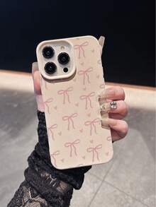 1pc White Matte Textured Personalized Phone Case With Pink Bowknot & Heart Pattern, Suitable For IPhone 16 Pro Max, 15, 14 Plus, 13, 12, 11 - Multicolor - View 2