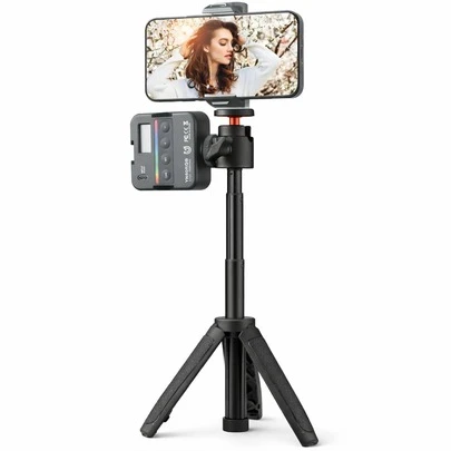 Mini Extendable Selfie Stick Tripod With 360° Ball Head, Cold Shoe Mount And 1/4" Screw, Foldable Portable Tabletop Tripod + Handgrip, Suitable For Phones, Cameras, Webcams, Mics And LED Lights, Great For Blogger Travel And Desktop Shooting
