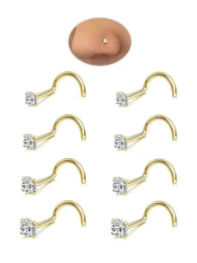 4 对套装，1.5-3 毫米白色 AAA 级立方氧化锆鼻钉，骨形、L 形、螺旋形鼻环，男女通用，简约鼻部穿孔饰品。 - 金色 - 查看 14
