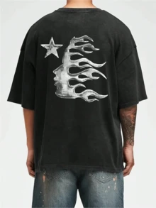 Men's Printed Pattern Washed T-Shirt - Casual Loose Summer T-Shirt With Star And Flame Design, Adult Brown 100% Pure Cotton Round Neck Shirt, Breathable T-Shirt | Avant-Garde Casual Wear | 100% Pure Cotton Printed T-Shirt - Xám - Xem 2