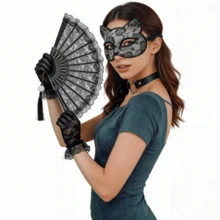 3/4件套角色扮演猫脸蕾丝半脸面具性感拍照道具套装，包含蕾丝扇子、蕾丝手套、心形项链，适合万圣节、婚礼、情人节、狂欢节和其他派对场合。 - 蕾絲 - 查看 1