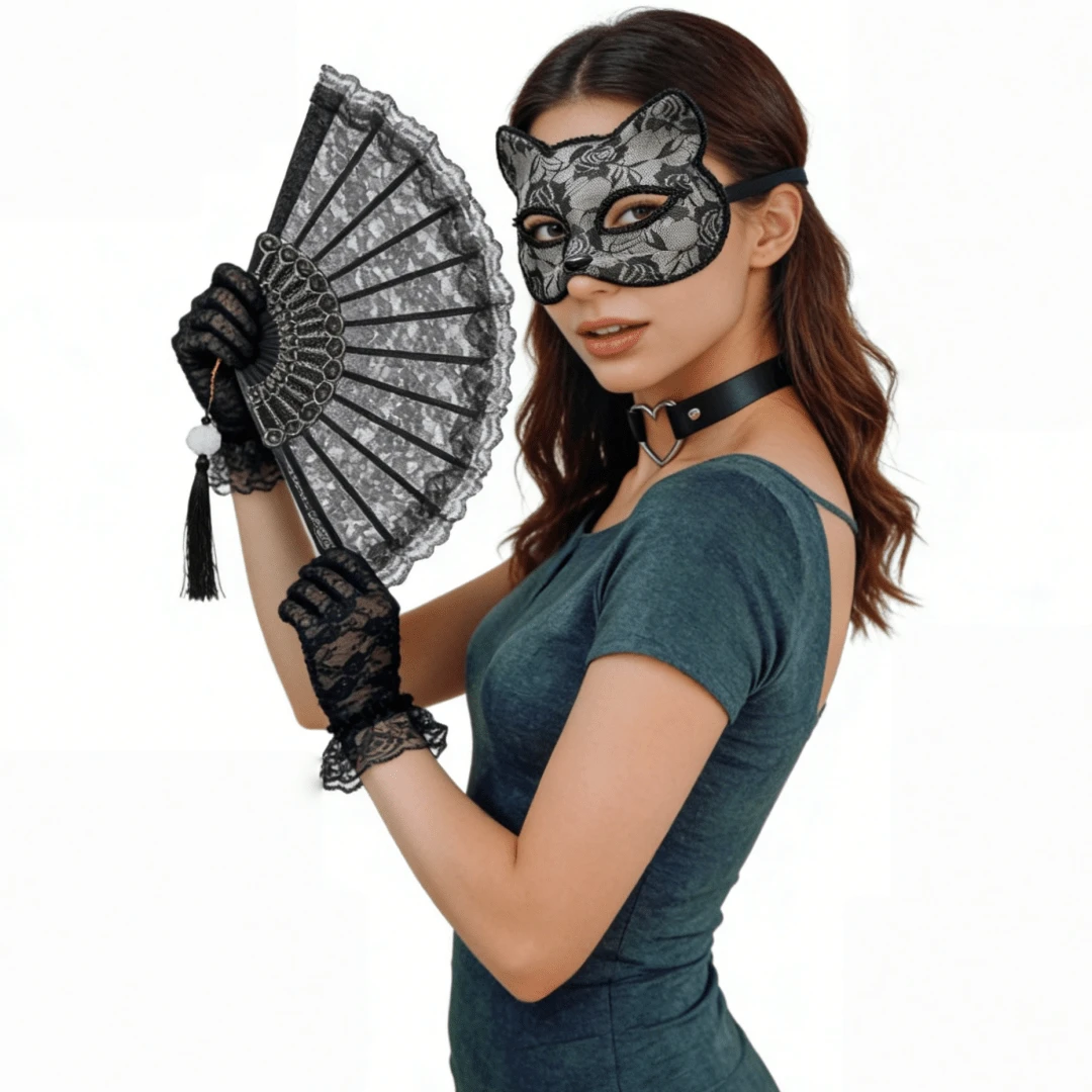 3/4件套角色扮演猫脸蕾丝半脸面具性感拍照道具套装，包含蕾丝扇子、蕾丝手套、心形项链，适合万圣节、婚礼、情人节、狂欢节和其他派对场合。 - 蕾絲 - 查看 1