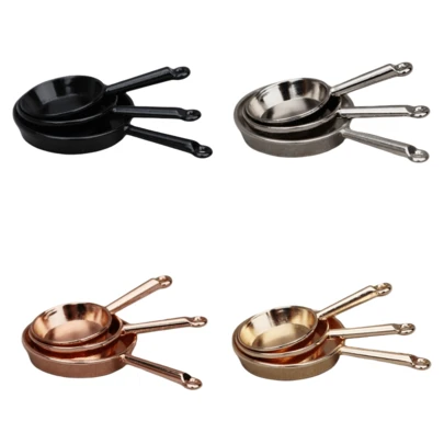 3pcs 1:12 Scale Miniature Frying Pans, Dollhouse Furniture Accessories, Tiny Kitchen Utensils, Alloy Cookware Set, Miniature Scene Photography Props, Decoration For Doll House Kitchen