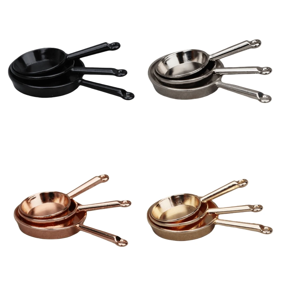 3pcs 1:12 Scale Miniature Frying Pans, Dollhouse Furniture Accessories, Tiny Kitchen Utensils, Alloy Cookware Set, Miniature Scene Photography Props, Decoration For Doll House Kitchen - one-size - View 1