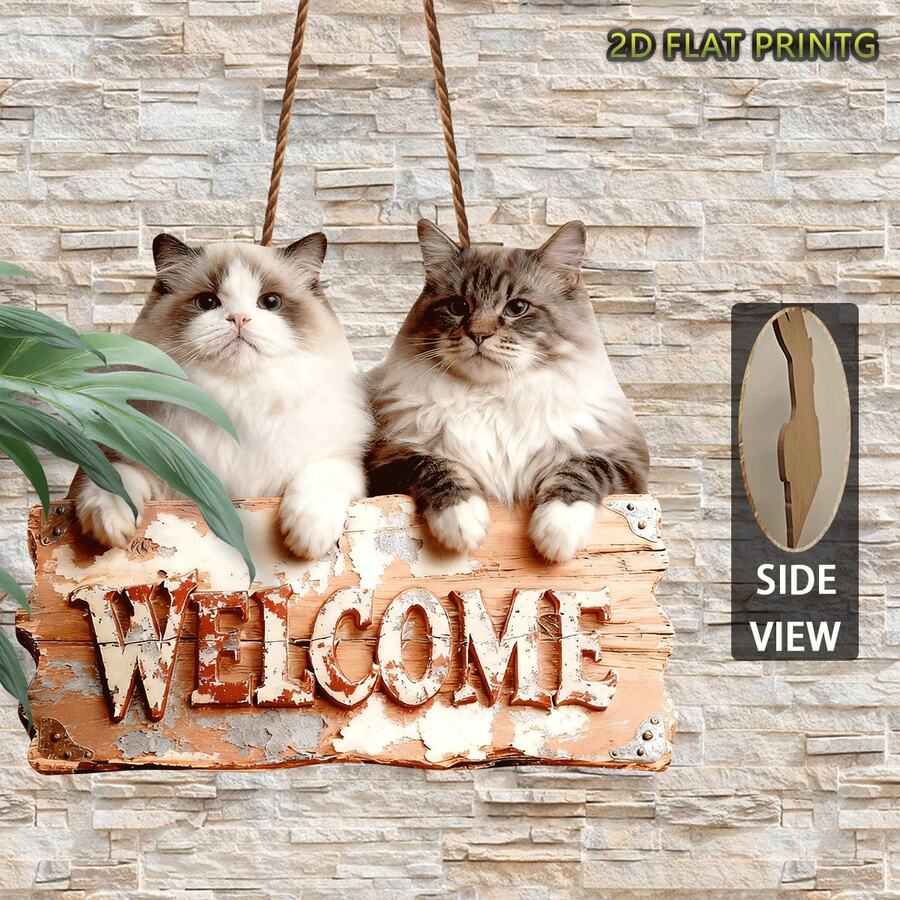 1pc, 2D Flat Vintage Wooden Sign (Outdoor Sign Board And Wall Decor, Welcome Cat Home Wooden Sign) - Multicolor - View 1