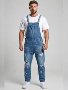 Premium Men's Denim Overalls - 淺色水洗藍 - 查看 1