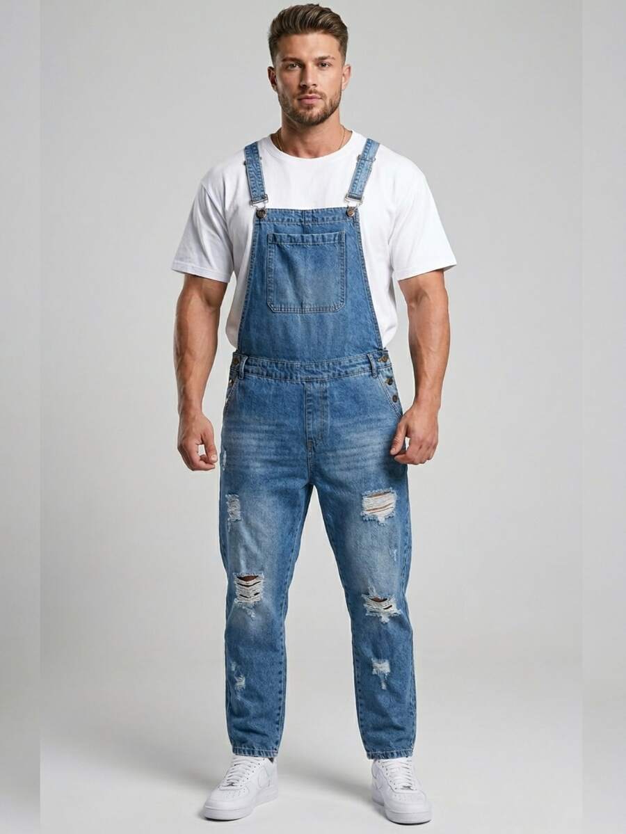 Premium Men's Denim Overalls - 淺色水洗藍 - 查看 1