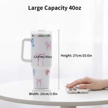 1pc 40oz Romantic Bow Stainless Steel Insulated Tumbler With Handle, Large Capacity Travel Mug, Suitable For Car, School, Office, Outdoor, Gym, Home, Great Gift For Women And Teenagers, Holiday And Birthday (With Straw) - Multicolor - View 10