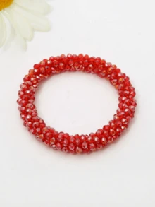 1pc Elegant Minimalist Fashion Stackable Red Elastic Faux Pearl Bracelet, Daily Wear, Vacation, Holiday Gift, Fashionable Accessory - Beaded - View 1