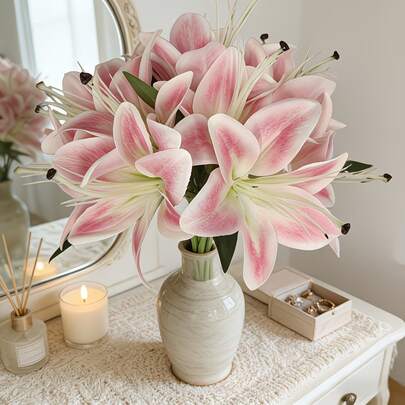 6支/套仿真迷你百合花，颜色多样，适用于婚礼、母亲节、家居装饰和节日餐桌布置。低维护的优雅礼品，是客厅装饰的完美之选。