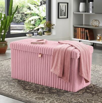 Aafan Ribbed Velvet Large Ottoman Storage Bench, Folding Ottoman Storage Box, Footstool Or Storage Chest With Lid For Bedroom, Wooden Box Fleece Cover