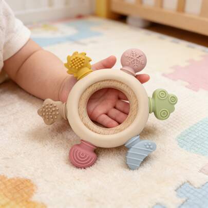 1个婴儿硅胶木质磨牙环，色彩缤纷，多种形状，易于抓握，是复活节、感恩节、万圣节、圣诞节的绝佳礼物。