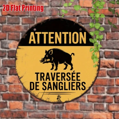 2D Flat, 1pc Vintage Boar Crossing Sign - 8"X8" Rustic Metal Iron Wall Art, French "Attention Sanglier" Warning Plaque, Durable Iron Outdoor/Indoor Decor Suitable For Hunting Cabin, Farmhouse, Woodland - Gift For Boar Enthusiasts And Nature Lovers, 2D Flat, Pre-Drilled Holes, Style As Shown In Size Image