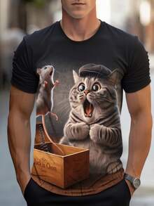 Men's Novelty 3D Cat & Mouse Pattern T-Shirt | Round Neck, Short Sleeve, Casual Summer Tee With Funny "Cat In The Box" Design, Slightly Stretchy Fabric - Multicolor - View 1