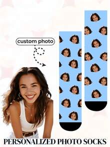 1 Paio di Calzini da Uomo Personalizzabili con Stampa Fotografica, Punta e Tallone Blu Chiaro e Nero, Tessuto Morbido a Maglia, Calzini Comodi e Personalizzati per Uso Quotidiano come Regalo - celeste - Visualizzare 5
